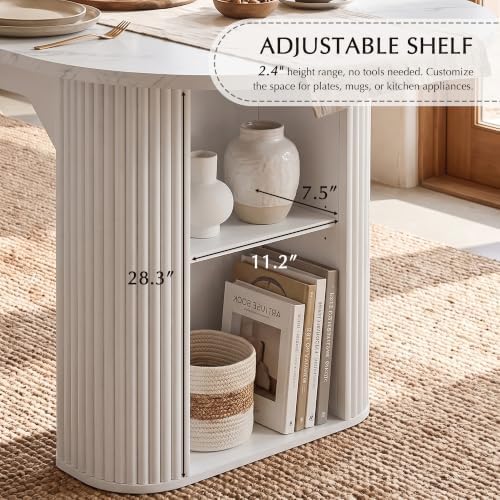 Round Extendable Dining Table, 71"-87" Oval Kitchen Table Storage, White