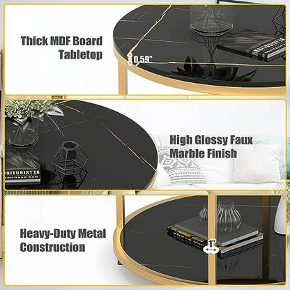 WiberWi Round Coffee Table 33.5" Coffee Tables for Living Room High Glossy Faux Balck Marble Top Modern Circle Table Sturdy Gold Metal Frame Legs Cocktail Table with Storage Open Shelf