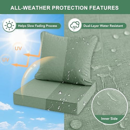 Outdoor Cushions for Patio Furniture, Faux Linen Water Resistant Backrest and Deep Seat Cushion Set with Removable Cover, Straps, Non-Slip Bottom, 24 x 24 Inch, Sage Green