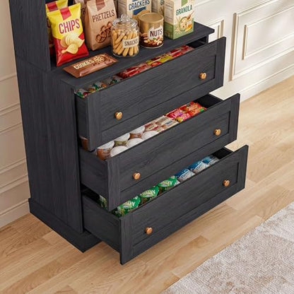 Vyre 71" Farmhouse Kitchen Pantry Cabinet Set of 2, Black Freestanding Coffee Bar Hutch with Drawers & Adjustable Shelves, Large Storage Cabinet with Microwave Stand for Kitchen