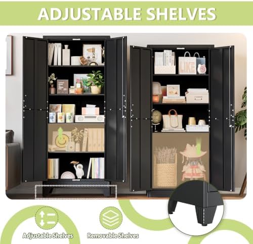 Black Kitchen Pantry Cabinets, 71 Metal Lockable Storage for Office