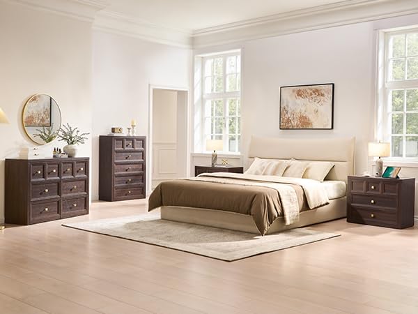 3-Piece Bedroom Set, 5 Drawer Tall Dresser and 3 Drawer King Size Nightstands Set of 2 with Charging Station, 3 Piece Farmhouse Wood Bedroom Dresser and Nightstand Sets, Brown