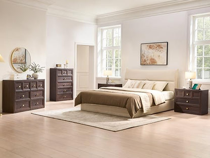 3-Piece Bedroom Set, 5 Drawer Tall Dresser and 3 Drawer King Size Nightstands Set of 2 with Charging Station, 3 Piece Farmhouse Wood Bedroom Dresser and Nightstand Sets, Brown
