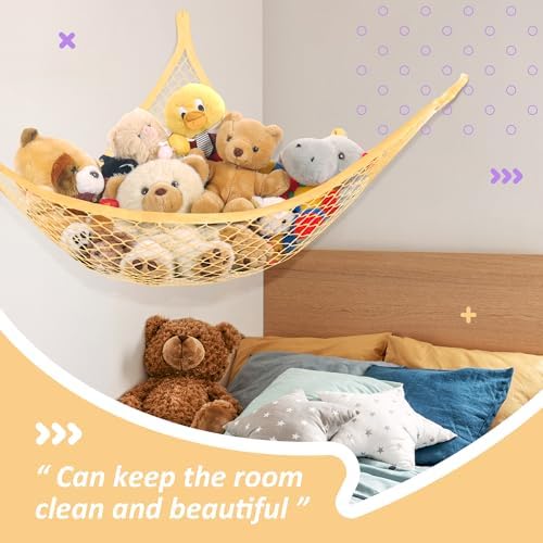 Lazebox Stuffed Animal Net Hammock for Plushie Toys, Stuffed Animal Hammock Corner for Kids' Room Decor, Ideas for Organizing Stuffy Collection, Yellow, L (72" x 50" x 50")-pack of 2