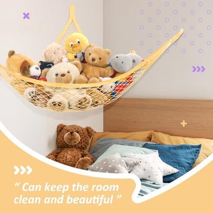 Lazebox Stuffed Animal Net Hammock for Plushie Toys, Stuffed Animal Hammock Corner for Kids' Room Decor, Ideas for Organizing Stuffy Collection, Yellow, L (72" x 50" x 50")-pack of 2