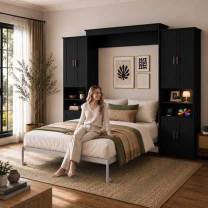Murphy Bed Queen with 2 Storage Cabinets and USB Port, Black and Grey