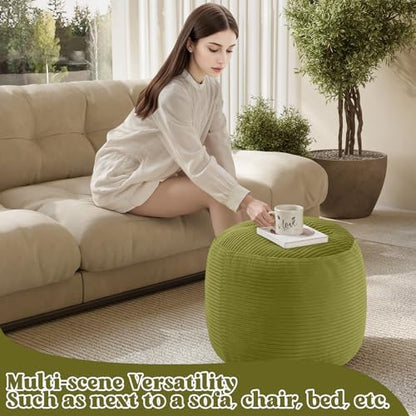 MeMoreCool Round Pouf Ottoman 20x15 Inch, Corduroy Floor Footstool, Green