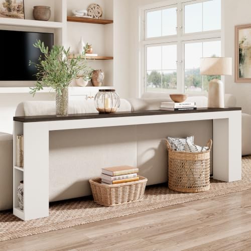 Epecoya 94.5" Behind Sofa Couch Table with Outlet & Side Shelves, White