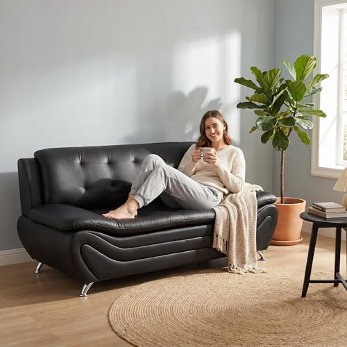 Modern Faux Leather Sofa – 3-Seater Couch with Chrome Legs, Tufted Back & Curved Base – Contemporary Lounge for Living Room, Home Office & Reception Area (Black)
