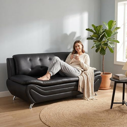Modern Faux Leather Sofa – 3-Seater Couch with Chrome Legs, Tufted Back & Curved Base – Contemporary Lounge for Living Room, Home Office & Reception Area (Black)