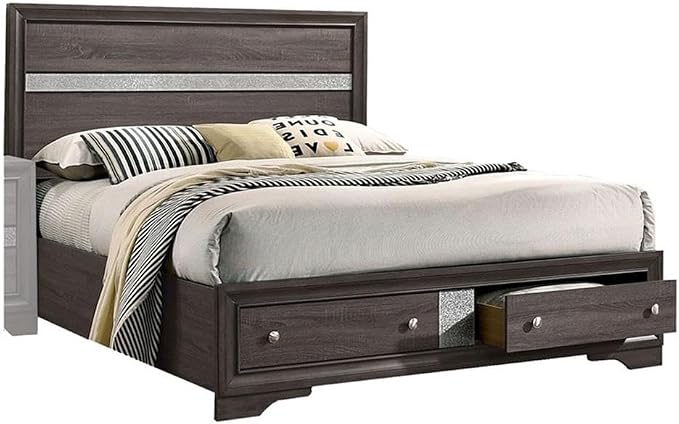 Pemberly Row 4-Piece King Bedroom Set, Solid Wood and Veneer, Gray Finish with Silver Accents, Panel Bed with Storage Footboard, Dresser with Mirror, Nightstand, Elegant Modern Bedroom Furniture