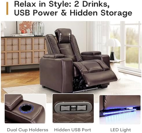 ANJ Power Recliner Chair Set of 6, Electric Recliner with Adjustable Headrest, Dual Motor Home Theater Seating with USB Port, Cup Holders, LED Lights, Hidden Arm Storage – PU Leather,Brown