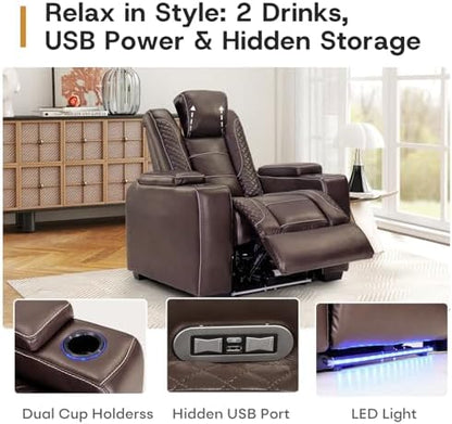 ANJ Power Recliner Chair Set of 6, Electric Recliner with Adjustable Headrest, Dual Motor Home Theater Seating with USB Port, Cup Holders, LED Lights, Hidden Arm Storage – PU Leather,Brown