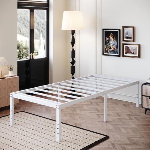 DiaOutro 18 Inch White Twin Bed Frame Heavy Duty Metal Platform