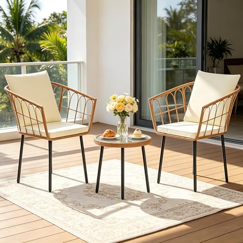 FDW 3 Pieces Patio Furniture Set, Patio Furniture Natural Rattan Patio Chairs Set with Coffee Table Cushion for Patio Porch Backyard Poolside Gardent, Beige