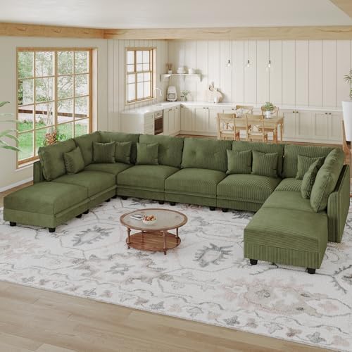 LLappuil 137" Modular Sectional Sofa with Storage, U Shaped 9-Seat Pet-Friendly Corduroy Couch with 9 Throw Pillows, Convertible Sofa Set for Living Room, Scratch Resistant, Green