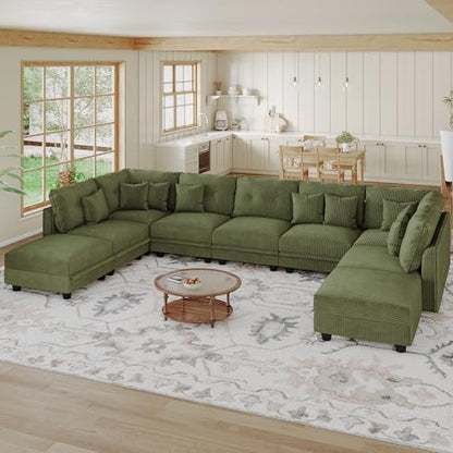 LLappuil 137" Modular Sectional Sofa with Storage, U Shaped 9-Seat Pet-Friendly Corduroy Couch with 9 Throw Pillows, Convertible Sofa Set for Living Room, Scratch Resistant, Green