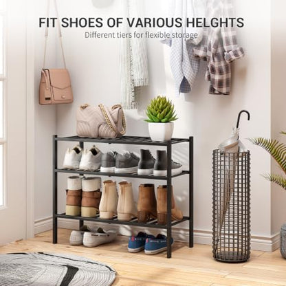 3-Tier Black Bamboo Shoe Rack for Closet, Stackable, 27" W