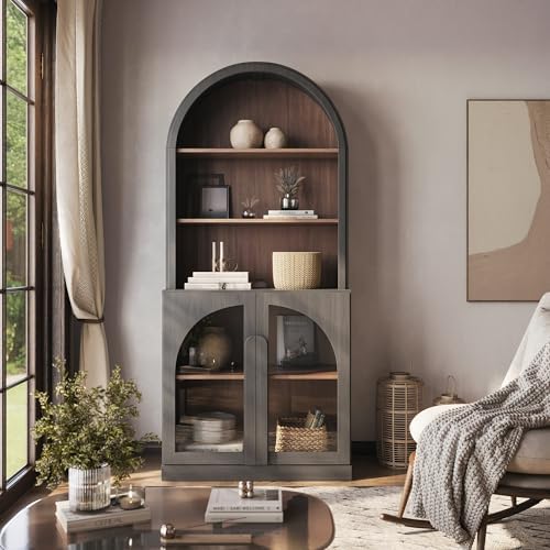 BELLEZE Arched Bookshelf with Glass Doors, 71" Tall Wood Display Cabinet with Adjustable Shelf and Hutch, 5 Tier Modern Bookcase Shelf with Storage for Living Room Office, Ebony