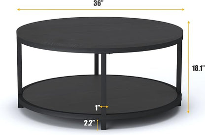 NSdirect Round Coffee Table, 36" Rustic Wooden Surface Top & Sturdy Metal Legs Industrial Sofa Table for Living Room Modern Design Home Furniture with Storage Open Shelf (Black Oak)