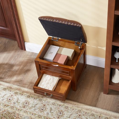 Ottoman with Storage Entryway Shoe Bench, Solid Rubberwood Footstool