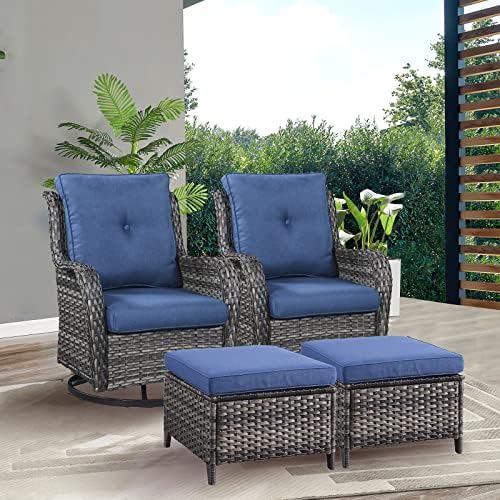 Rilyson Luxury 4 Pieces Patio Wicker Furniture Set, Outdoor Rattan Bistro Set with Rocking Swivel Chair, Ottoman and Thickened Cushions (Grey/Blue)