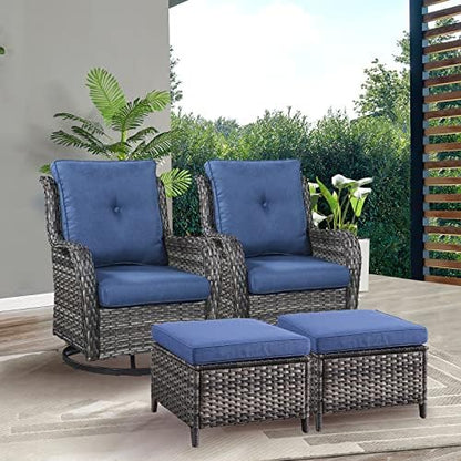 Rilyson Luxury 4 Pieces Patio Wicker Furniture Set, Outdoor Rattan Bistro Set with Rocking Swivel Chair, Ottoman and Thickened Cushions (Grey/Blue)