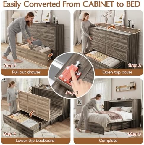 Hlivelood Queen Size Farmhouse Murphy Bed with Drawer&Charging Station,Grey