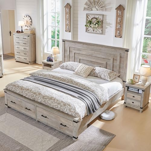 T4TREAM 54" Tall Farmhouse Queen Size Bed Frame, Light Rustic Oak