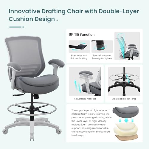 BOLISS 400lbs Mid Back Mesh Ergonomic Office Drafting Chair Big Adjustable Foot Ring Height Adjustable Armrest (Grey)