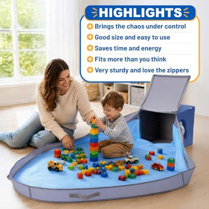 Toy Storage Organizer with Play Mat for Kids – 13" x 13" x 13" Storage Box, Stackable and Foldable Cubby Baskets for Playroom, Nursery Bins for Boys and Girls (Noble Blue)