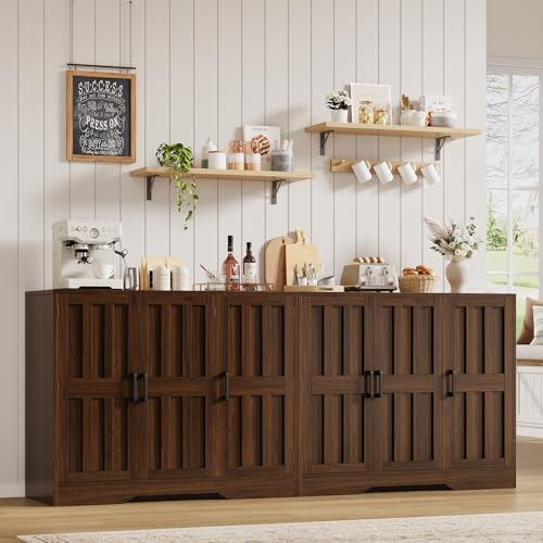 Modern Farmhouse Buffet Cabinet with Storage, 85" Large Sideboard Storage Cabinet with 6 Barn Doors, Coffee Liquor Bar Cabinet Wood Table Credenza with Adjustable Shelf for Kitchen Dining Living Room