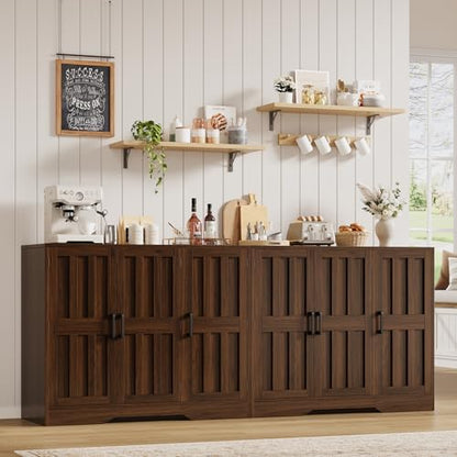 Modern Farmhouse Buffet Cabinet with Storage, 85" Large Sideboard Storage Cabinet with 6 Barn Doors, Coffee Liquor Bar Cabinet Wood Table Credenza with Adjustable Shelf for Kitchen Dining Living Room