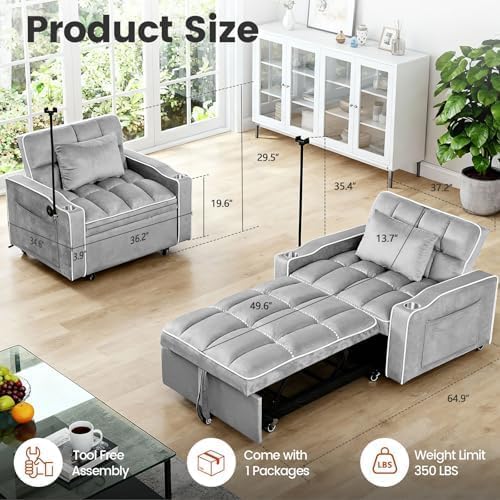 Convertible Sleeper Chair, Pull Out Chair Sleeper with Bracket and Cup Holder, Chairs Bed Sleepers for Adults, 3 in 1 Sofa Bed Chairs for Small Spaces, Living Room