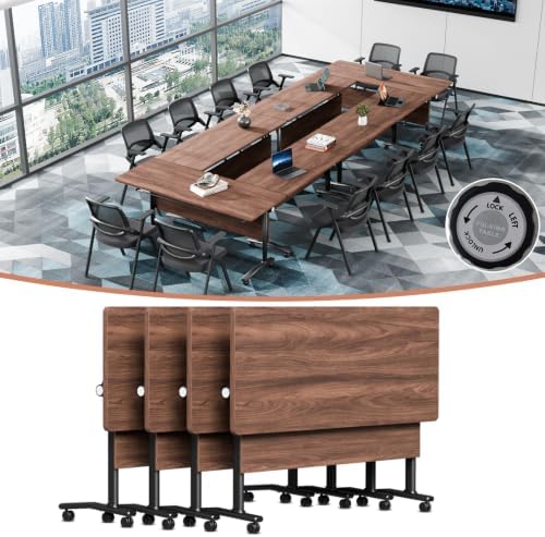 Modern Conference Table, Folding Modular Conference Room Tables with Wheels, Flip Top Mobile Training Table for 6-12 People, Foldable Rectangle Meeting Seminar Tables for Office(Walnut4,4PCS 47.2in)