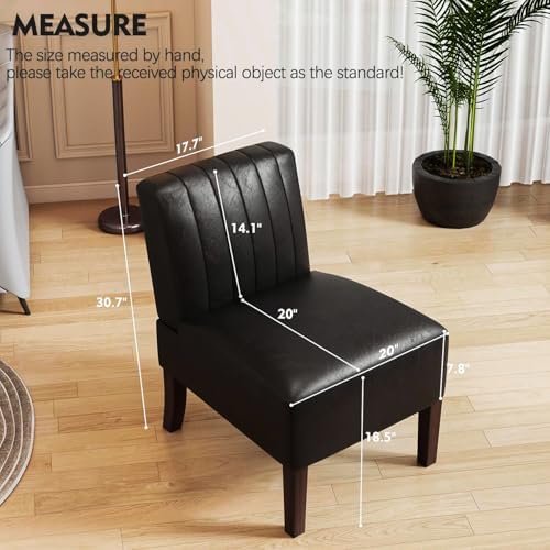 Armless Accent Chairs Upholstered Dining Chairs Living Room Chairs with Solid Wood Legs Leather Reading Chair for Adults Comfy Chair for Bedroom Vanity Kitchen (Black)