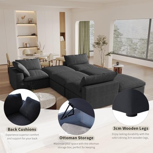 Cloud Couch Modular Sectional Sofa with Storage Ottoman,160.6" L Shaped Couch for Living Room,Down Filled 5 Seater Black Convertible Sectional Sofas,Covers Washable&Replaceable