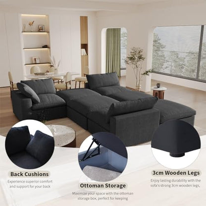 Cloud Couch Modular Sectional Sofa with Storage Ottoman,160.6" L Shaped Couch for Living Room,Down Filled 5 Seater Black Convertible Sectional Sofas,Covers Washable&Replaceable