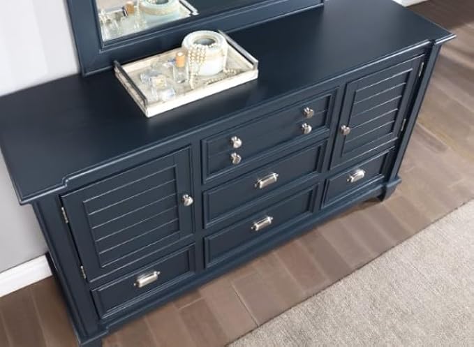 First of a Kind Queen Size Transitional Bedroom Furniture 4 Piece Set in Slate Blue - Panel Headboard Molding Footboard Drawers Nickel Knobs, Bed, Dresser, Mirror & Nightstand