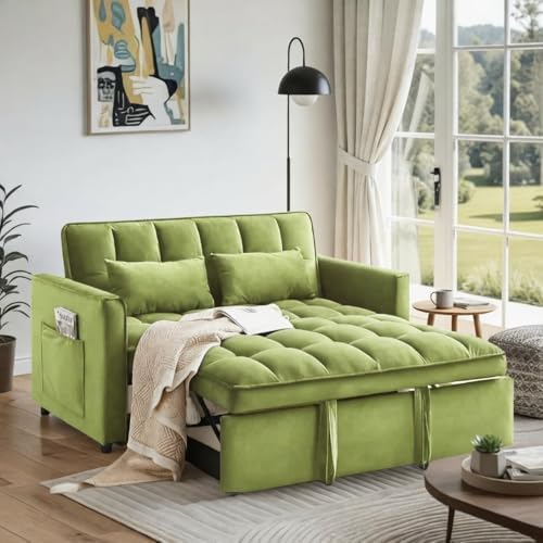 3 in 1 Convertible Sofa Bed, Loveseat Sleeper Sofa with Large Side Pockets, Pull Out Couch with Adjustable Backrest, Easy Assembly, Velvet Couch Bed for Small Spaces, Apartment, Green