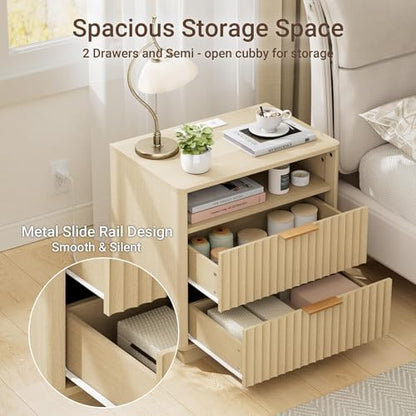 23" Modern Fluted Nightstand Set of 2 with Charging, Natural Oak