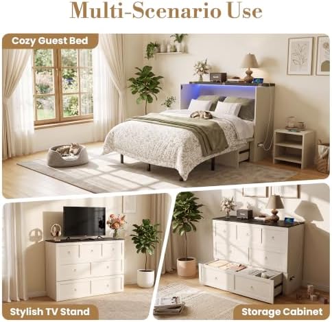 Queen Murphy Bed with Hidden Storage, Farmhouse Cabinet Bed with Storage Drawer, RGB LED Lights & Charging Station, Space-Saving Wall Bed with 6 Metal Legs, White