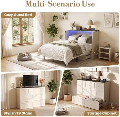 Queen Murphy Bed with Hidden Storage, Farmhouse Cabinet Bed with Storage Drawer, RGB LED Lights & Charging Station, Space-Saving Wall Bed with 6 Metal Legs, White