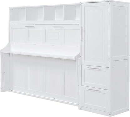 Virubi Queen Murphy Bed with Storage Shelves,Drawers and Wardrobe Closet,Wood Folding Murphy Wall Bed Cabinet (White)