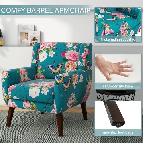 Mid Century Modern Button Tufted Blue Patterned Set of 2 Accent Armchair