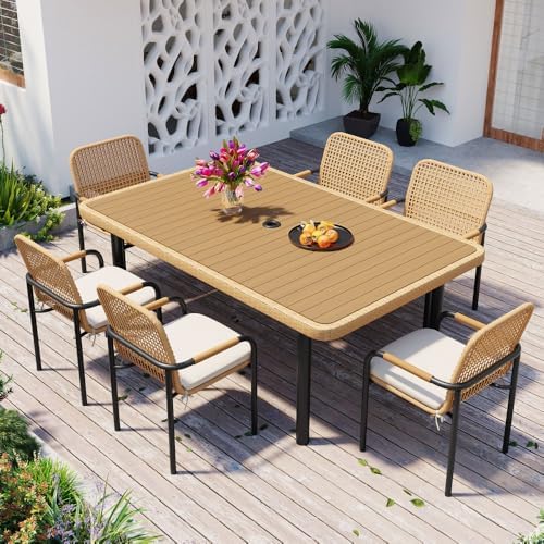 Outdoor Dining Set 7-Piece, Patio Furniture Set w Plastic-Wood Table Top with Umbrella Hole, Rattan Dining Set for Backyard, Garden, Beige Cushions (Beige)