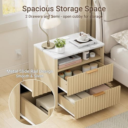 23"W Fluted Nightstand with Charging Station and Faux Marble Top