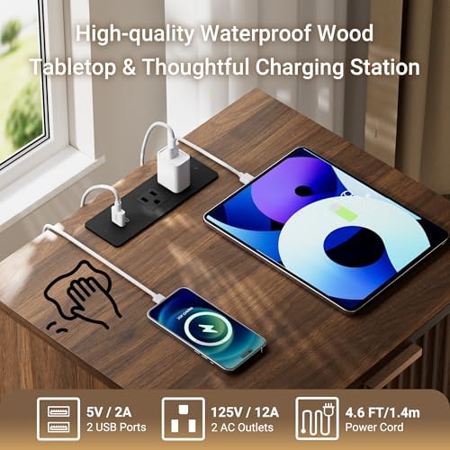 Fluted Nightstand with Charging Station, 18" W Night Stand with Metal Handle and Rounded Edge, FSC-Certified Wood, Mid Century Modern End Table w/Storage, Bedside Table for Bedroom, Walnut