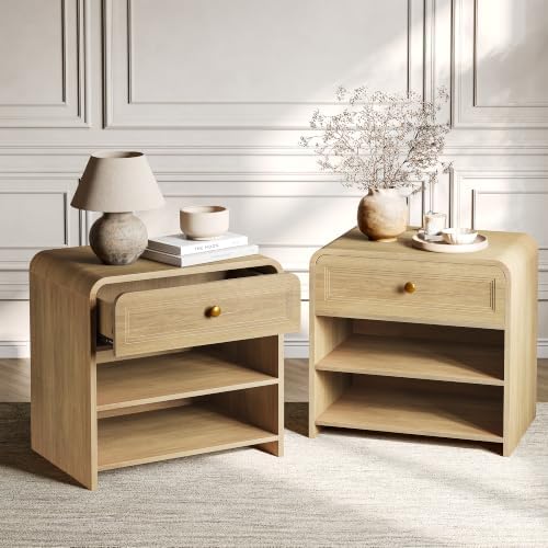 TIQLAB 24" Nightstands Set 2, With Drawer & Shelves, Natural Oak
