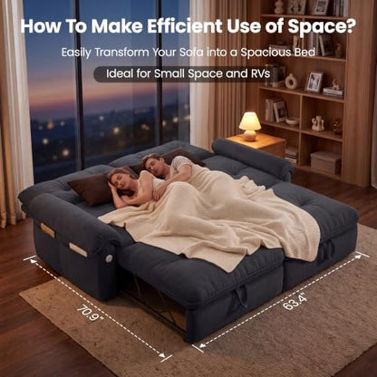 77" Queen Size Sofa Bed, 3-in-1 Convertible Sleeper Sofa Bed with Adjustable Backrest, Modern Velvet Couch with Side Pocket and USB Ports, for Living Rooms, Bedrooms, Small Spaces (Grey, 77.2inch)